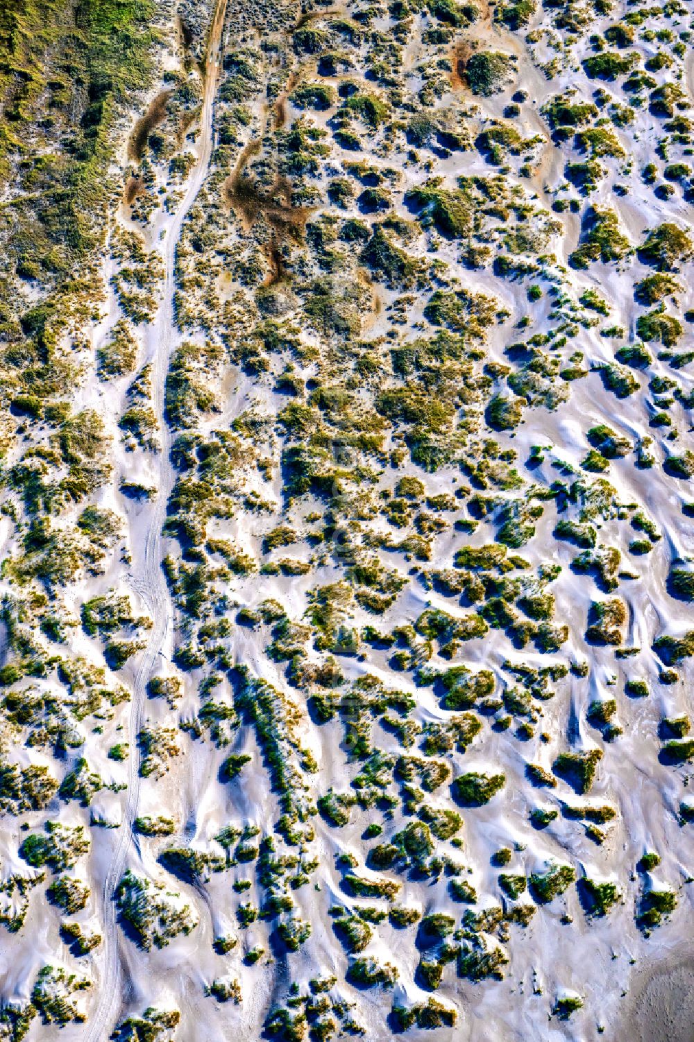 Aerial image Wittdün auf Amrum - Sandy beach and dune landscape with dem Nehrungssee in Wittduen auf Amrum in the state Schleswig-Holstein, Germany