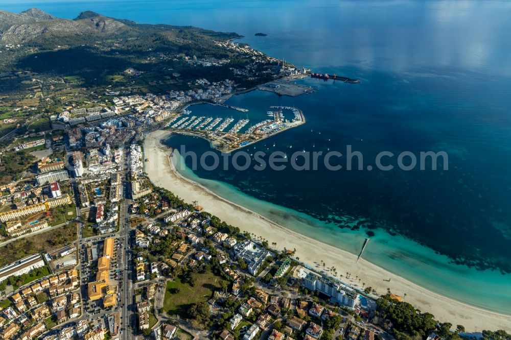 Aerial image Alcudia - Beach landscape along the in Alcudia in Balearische Insel Mallorca, Spain