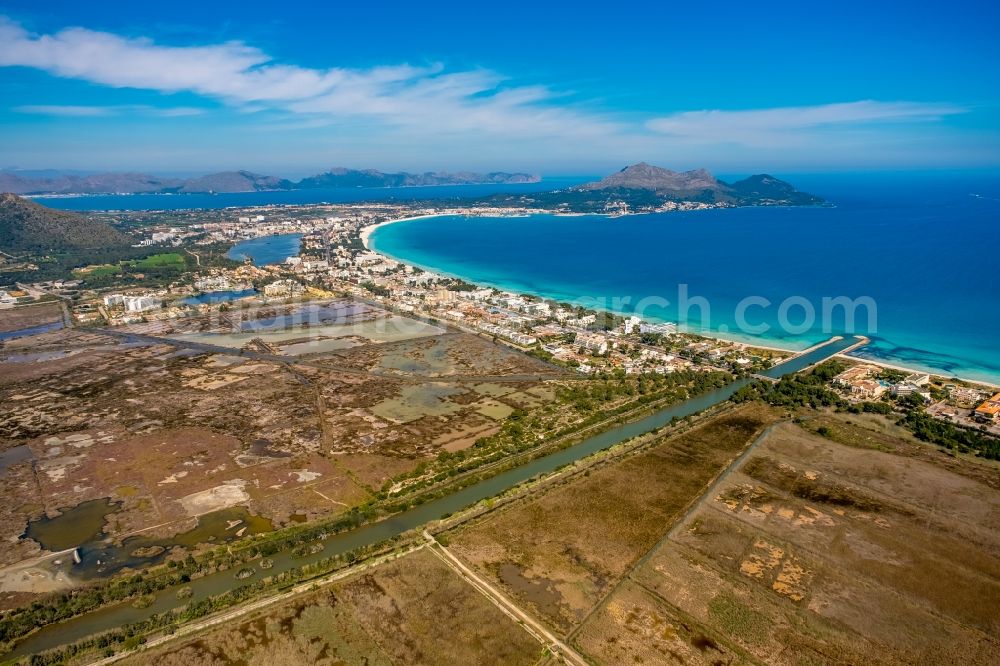 Aerial image Can Picafort - Beach landscape along the on the Balearic Sea in Can Picafort in Balearic island of Mallorca, Spain