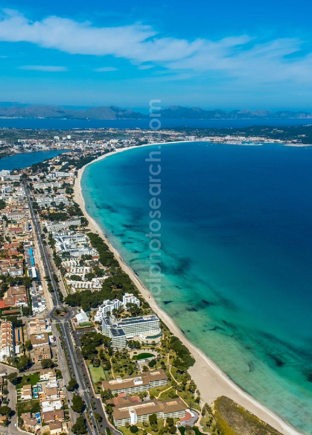 Can Picafort from above - Beach landscape along the on the Balearic Sea in Can Picafort in Balearic island of Mallorca, Spain