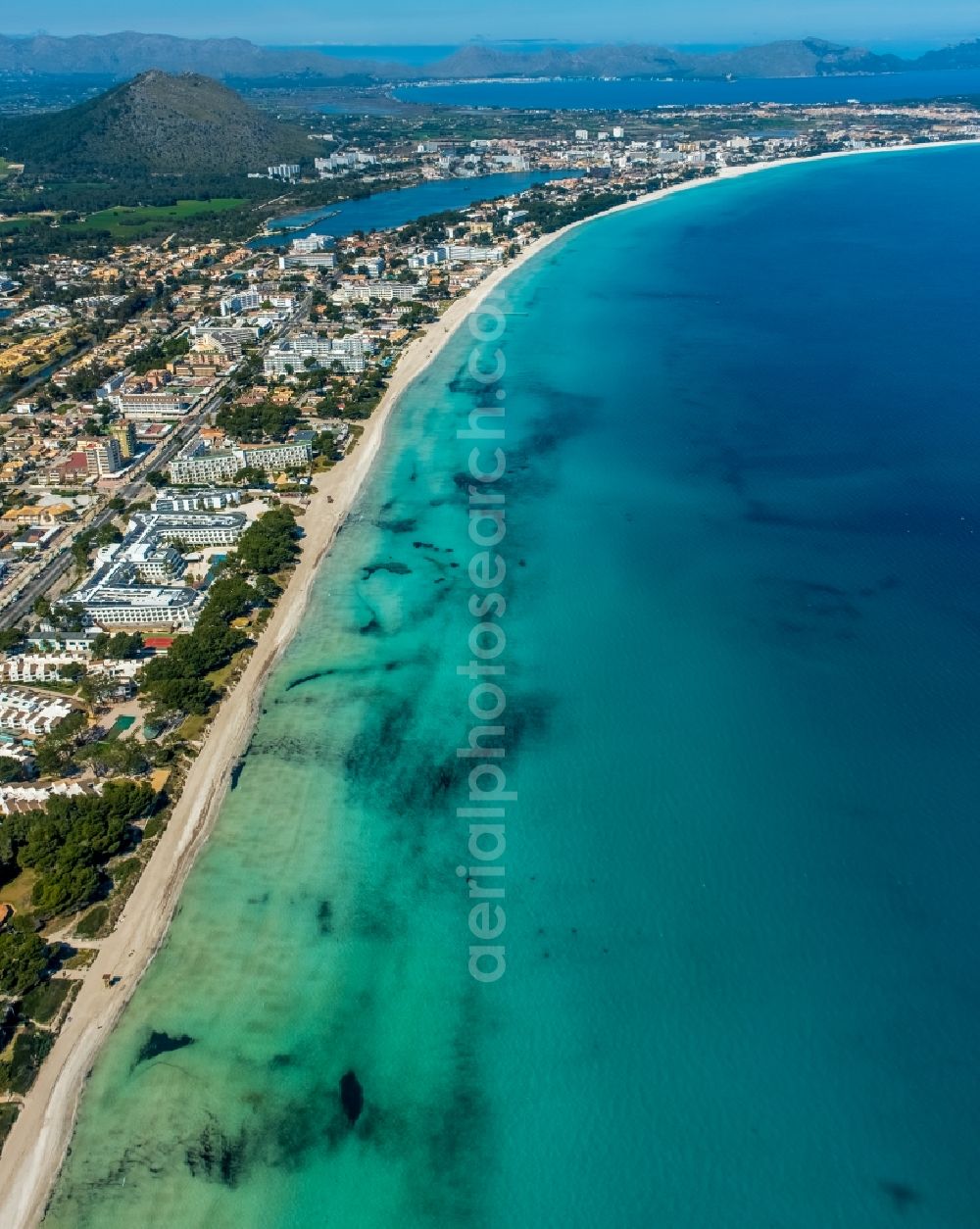 Can Picafort from the bird's eye view: Beach landscape along the on the Balearic Sea in Can Picafort in Balearic island of Mallorca, Spain