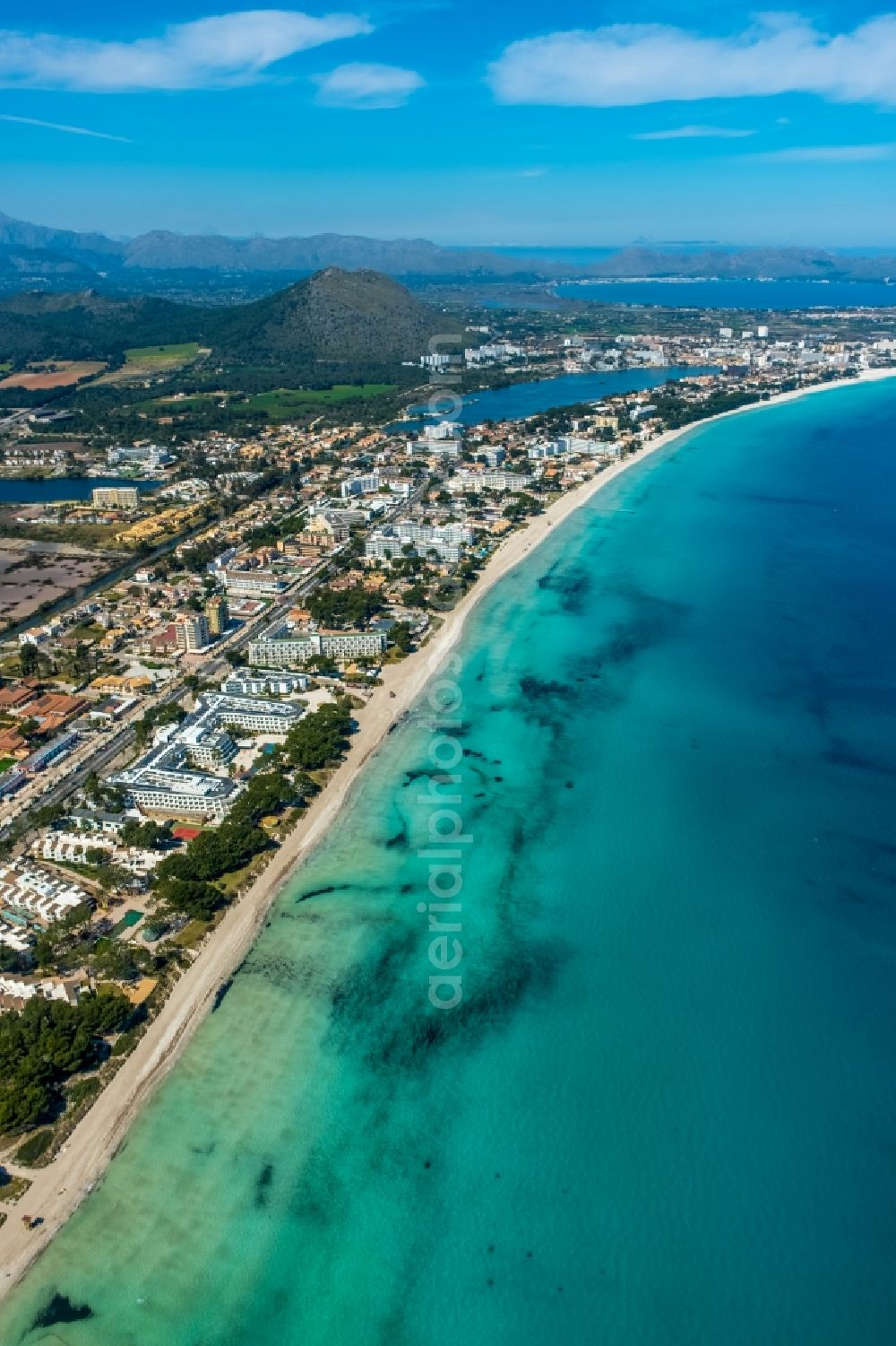 Aerial image Can Picafort - Beach landscape along the on the Balearic Sea in Can Picafort in Balearic island of Mallorca, Spain