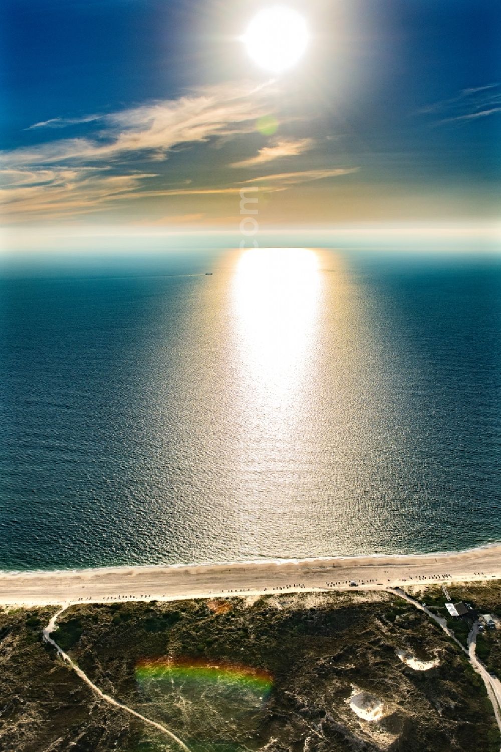 Aerial image Westerland - Sandy beach landscape along the coastal course at the beach oasis in the sunset in the district Westerland in Sylt on the island of Sylt in the state Schleswig-Holstein, Germany