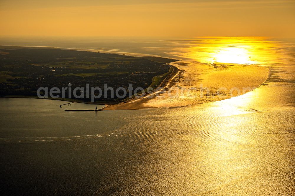 Aerial image Cuxhaven - Sandy beach landscape with the landmark Kugelbake in Doese in the sunset in the state of Lower Saxony