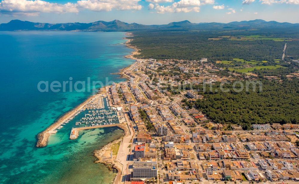 Can Picafort from above - Beach landscape along the and Marina in Can Picafort in Balearic island of Mallorca, Spain