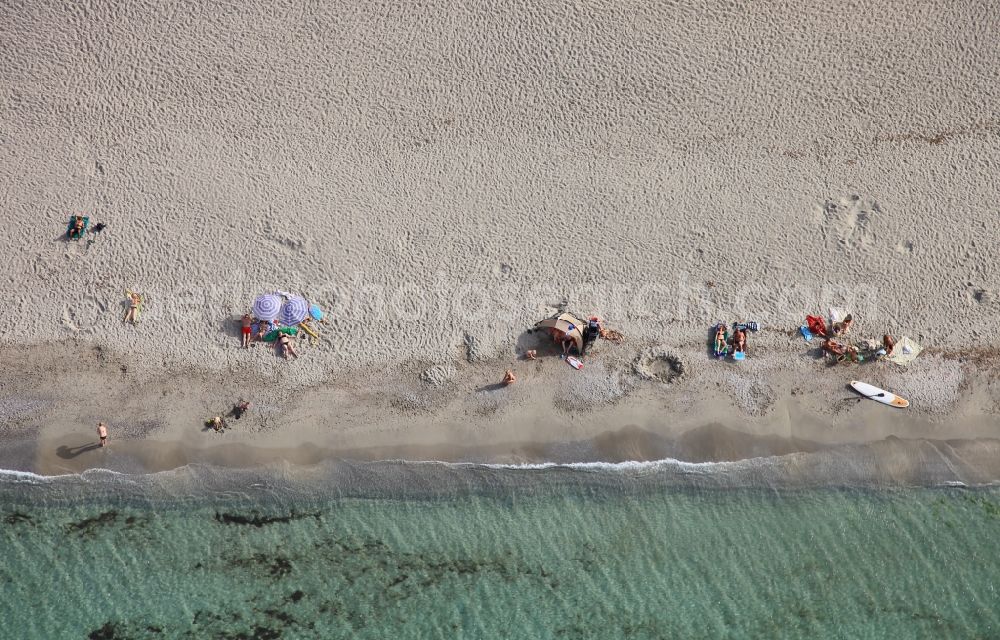 Aerial image Alcúdia - Beach landscape on the Sea coast Badia d' Alcudia in AlcA?dia in Balearic Islands, Spain