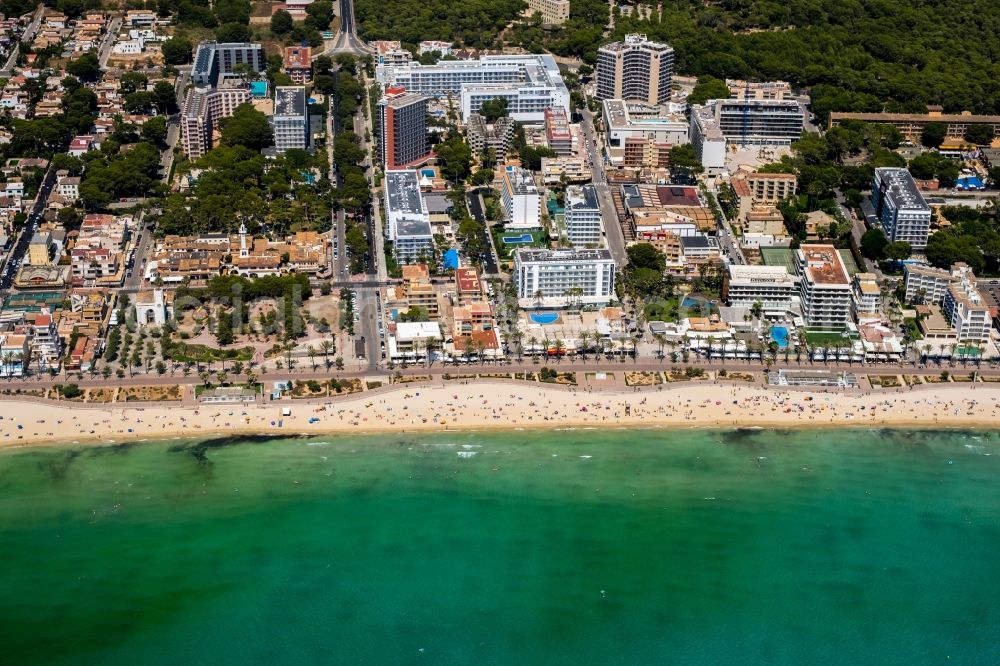 Palma from the bird's eye view: Beach landscape along the the Mediterranean sea in the district Platja de Palma in Palma in Balearische Insel Mallorca, Spain