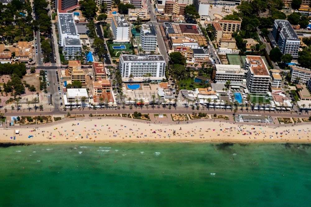 Aerial image Palma - Beach landscape along the the Mediterranean sea in the district Platja de Palma in Palma in Balearische Insel Mallorca, Spain