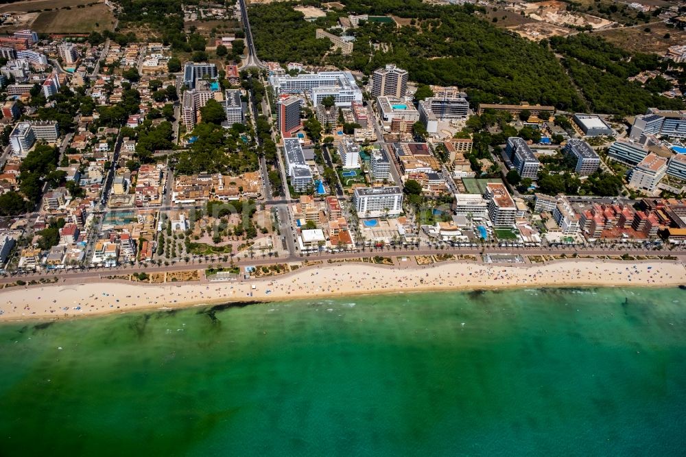 Aerial photograph Palma - Beach landscape along the the Mediterranean sea in the district Platja de Palma in Palma in Balearische Insel Mallorca, Spain