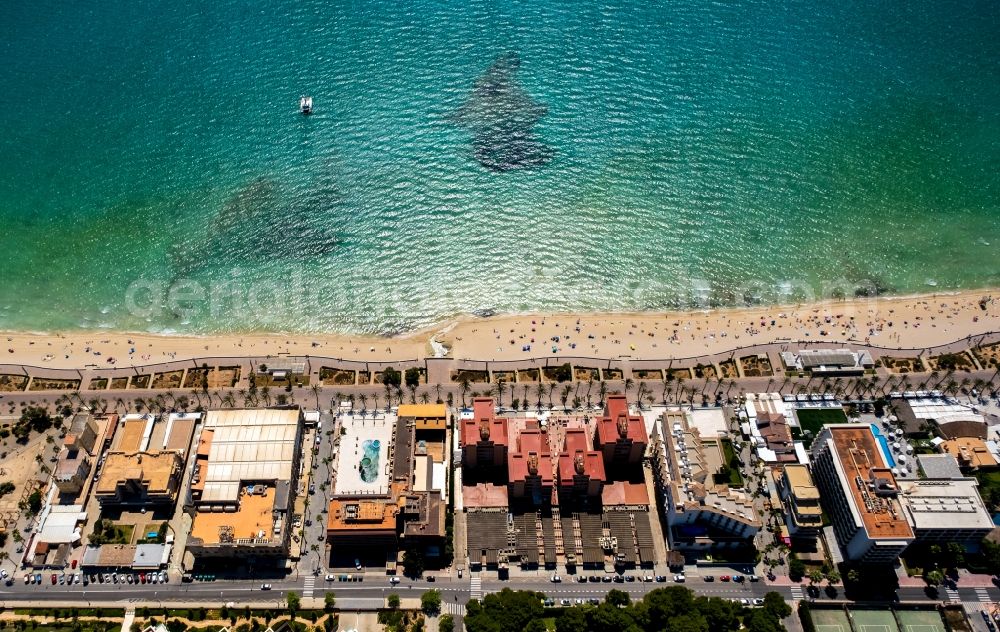 Aerial image Palma - Beach landscape along the the Mediterranean sea in the district Platja de Palma in Palma in Balearische Insel Mallorca, Spain