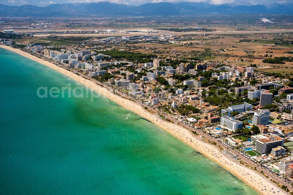 Aerial image Palma - Beach landscape along the the Mediterranean sea in the district Platja de Palma in Palma in Balearische Insel Mallorca, Spain