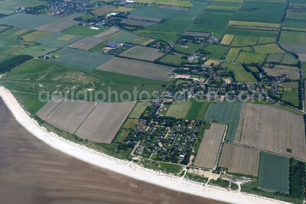 Goting from the bird's eye view: Beach landscape on the North Sea in Goting in the state Schleswig-Holstein