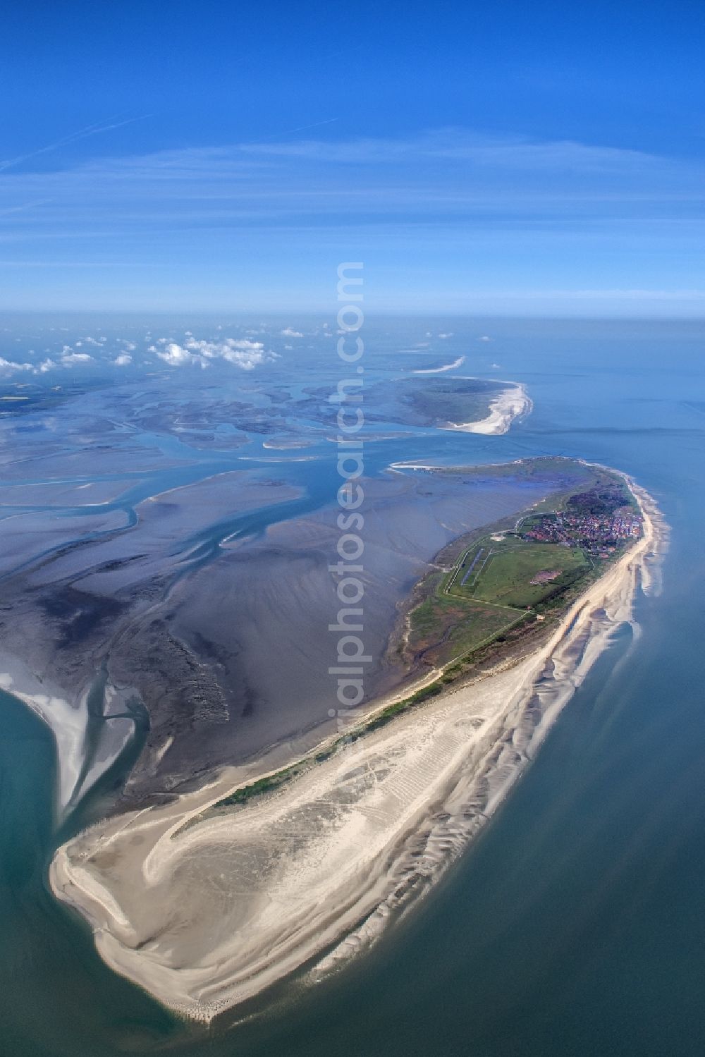 Wangerooge from the bird's eye view: Beach landscape on the North Sea coast in Wangerooge in the state Lower Saxony