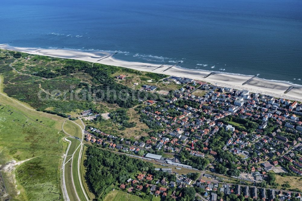 Wangerooge from the bird's eye view: Beach landscape on the North Sea coast in Wangerooge in the state Lower Saxony