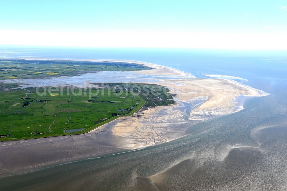 Westerhever from the bird's eye view: Beach landscape on the North Sea in Westerhever in the state Schleswig-Holstein