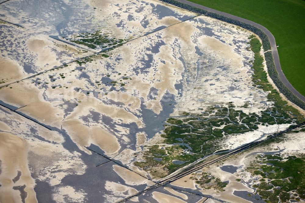 Westerhever from the bird's eye view: Beach landscape on the North Sea in Westerhever in the state Schleswig-Holstein