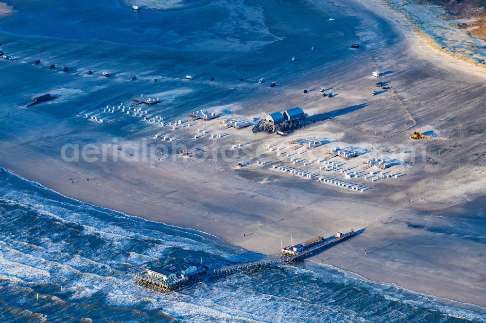 Aerial image Sankt Peter-Ording - Sandy beach landscape on the North Sea coast with restaurant in Sankt Peter-Ording in the state of Schleswig-Holstein