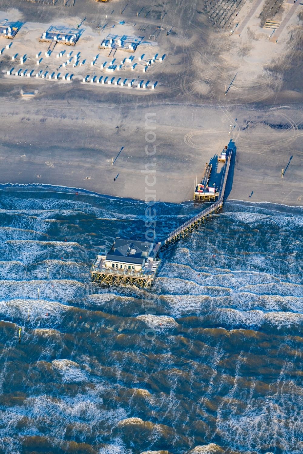 Sankt Peter-Ording from above - Sandy beach landscape on the North Sea coast with restaurant in Sankt Peter-Ording in the state of Schleswig-Holstein