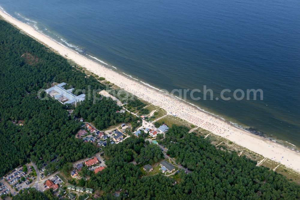 Aerial image Trassenheide - Beach landscape on the Baltic Sea in Trassenheide in the state Mecklenburg - Western Pomerania