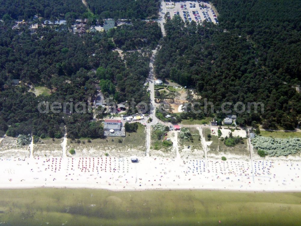 Aerial photograph Trassenheide - Beach landscape along the of Baltic Sea in Trassenheide in the state Mecklenburg - Western Pomerania, Germany