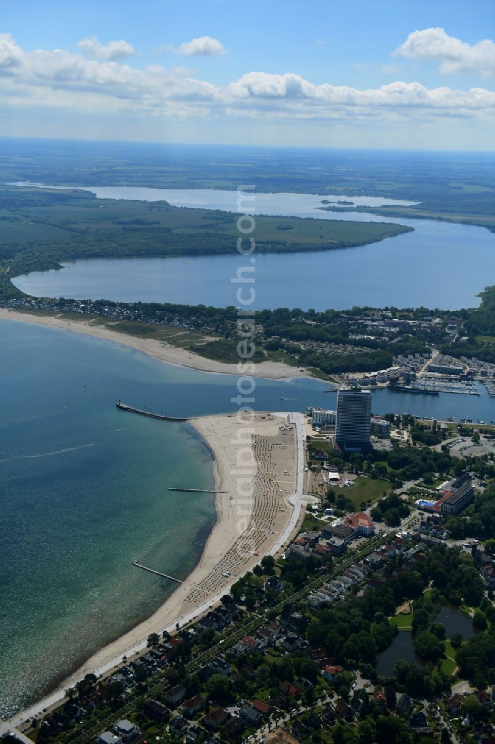 Travemünde from above - Beach landscape along the of Baltic Sea in Travemuende in the state Schleswig-Holstein, Germany