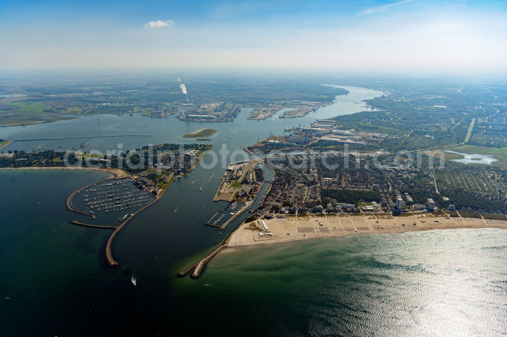 Warnemünde from above - Sandy beach landscape along the coast of the Baltic Sea in Warnemuende in the state Mecklenburg - Western Pomerania, Germany