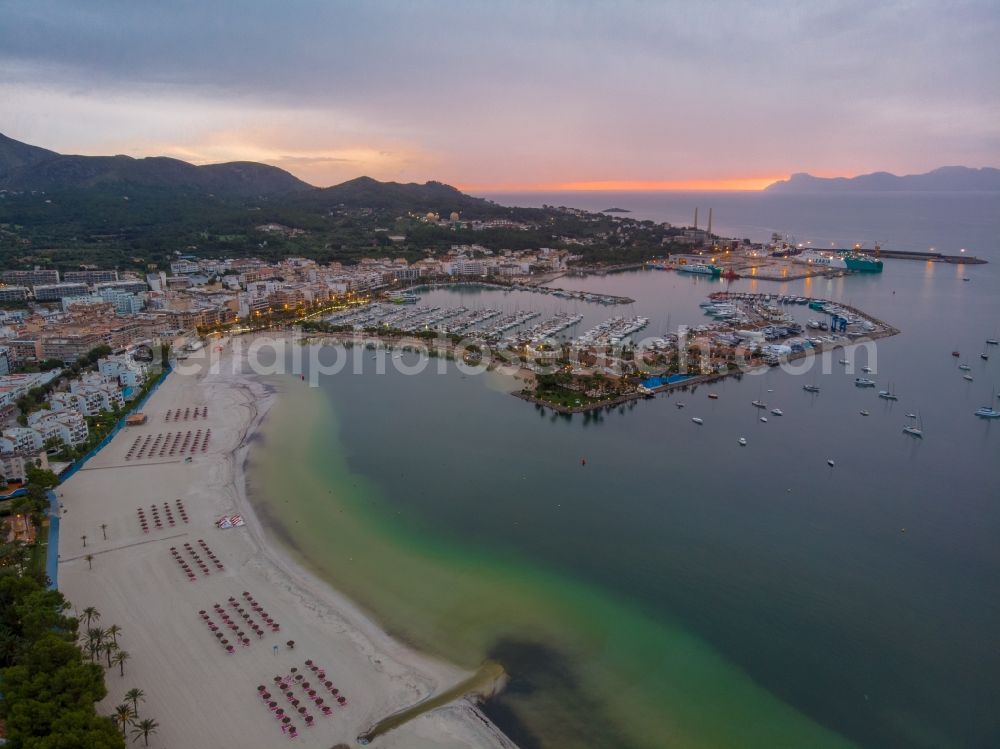 Aerial image Port d'Alcudia - Beach landscape along the in Port d Alcudia in Balearische Insel Mallorca, Spain