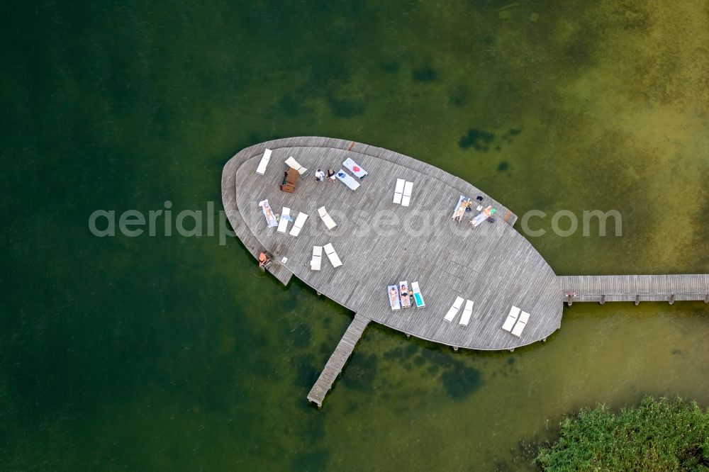 Göhren-Lebbin from above - Sand and beach landscape on the pier of Hotel Iberotel Fleesensee in Goehren-Lebbin in the state Mecklenburg - Western Pomerania