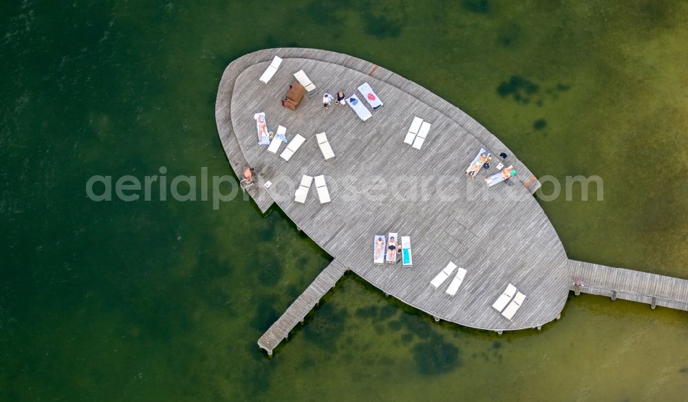 Göhren-Lebbin from the bird's eye view: Sand and beach landscape on the pier of Hotel Iberotel Fleesensee in Goehren-Lebbin in the state Mecklenburg - Western Pomerania