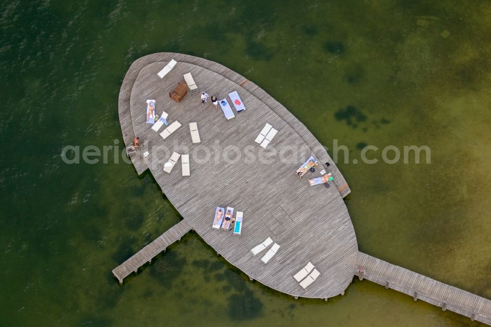 Aerial image Göhren-Lebbin - Sand and beach landscape on the pier of Hotel Iberotel Fleesensee in Goehren-Lebbin in the state Mecklenburg - Western Pomerania