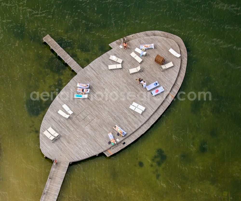 Göhren-Lebbin from above - Sand and beach landscape on the pier of Hotel Iberotel Fleesensee in Goehren-Lebbin in the state Mecklenburg - Western Pomerania