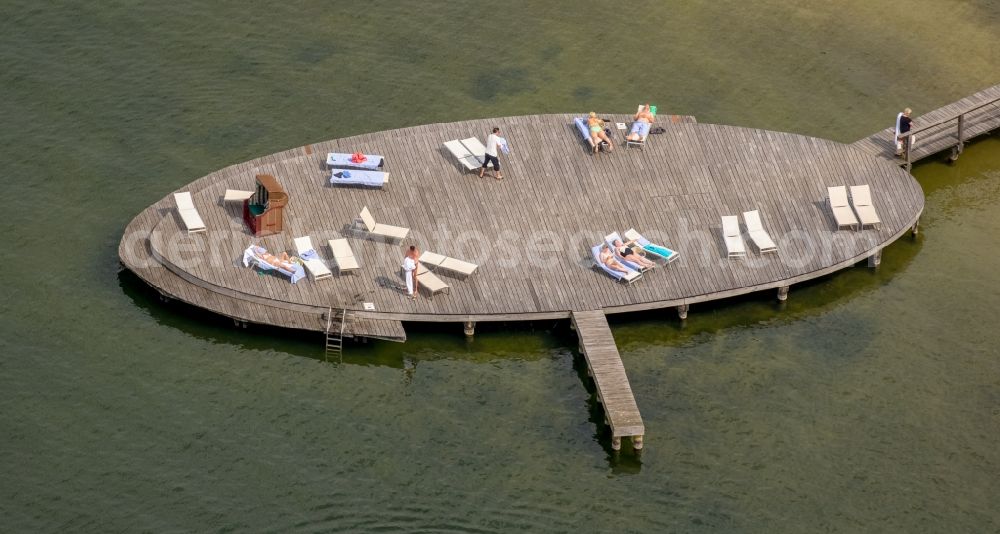 Göhren-Lebbin from the bird's eye view: Sand and beach landscape on the pier of Hotel Iberotel Fleesensee in Goehren-Lebbin in the state Mecklenburg - Western Pomerania