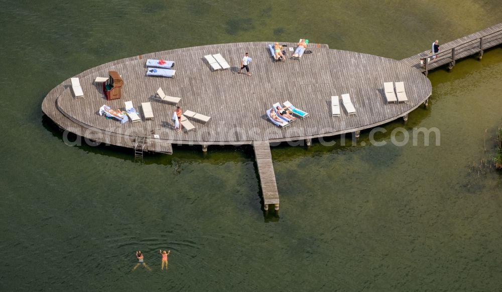 Aerial image Göhren-Lebbin - Sand and beach landscape on the pier of Hotel Iberotel Fleesensee in Goehren-Lebbin in the state Mecklenburg - Western Pomerania