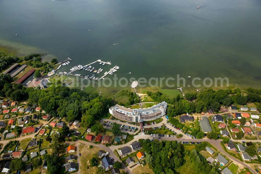 Göhren-Lebbin from above - Sand and beach landscape on the pier of Hotel Iberotel Fleesensee in Goehren-Lebbin in the state Mecklenburg - Western Pomerania