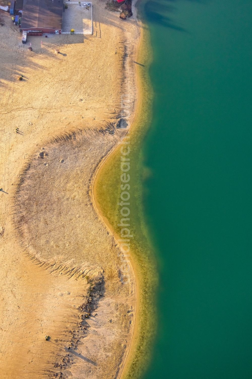 Haltern am See from above - Sandy beach areas on the Silbersee 2 in Haltern am See in the state North Rhine-Westphalia, Germany