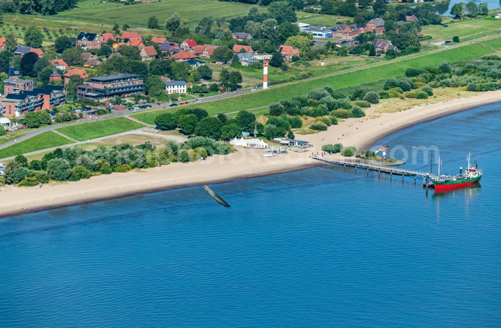 Aerial image Drochtersen - Sandy beach landscape along the banks of the river with Anleger auf Krautsond in Drochtersen in the state Lower Saxony, Germany