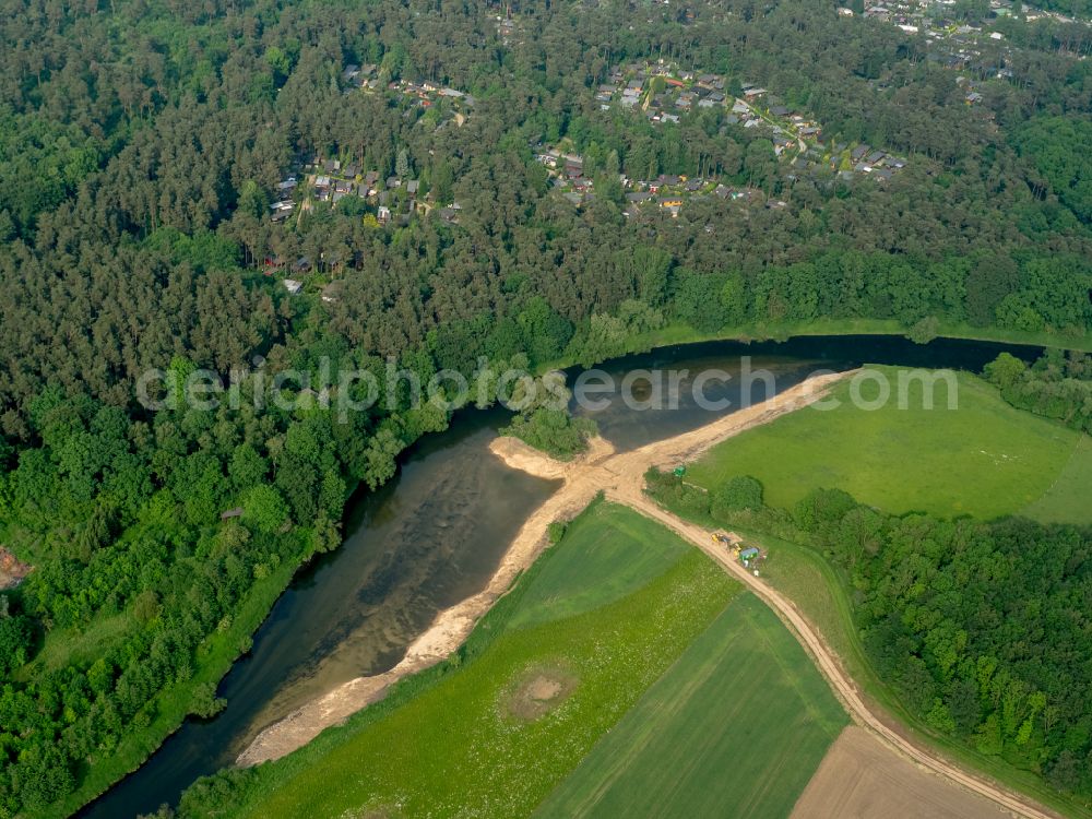 Aerial image Ahsen - Sandy beach landscape along the banks of the river of Lippe in Ahsen in the state North Rhine-Westphalia, Germany