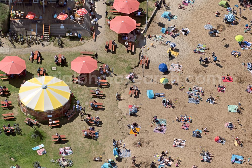 Bremen from above - Sandy beach landscape along the banks of the river on Strandbad Weserstrand in the district Huckelriede in Bremen, Germany