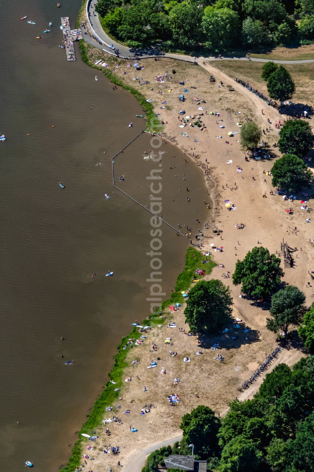 Bremen from above - Sandy beach landscape along the banks of the river on Strandbad Weserstrand in the district Huckelriede in Bremen, Germany