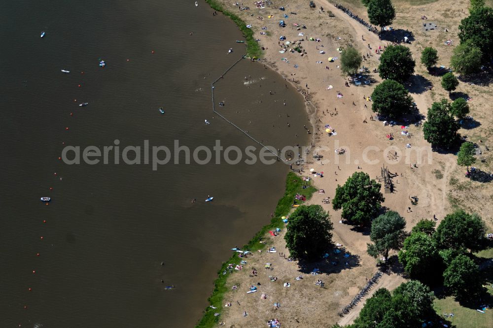 Aerial image Bremen - Sandy beach landscape along the banks of the river on Strandbad Weserstrand in the district Huckelriede in Bremen, Germany