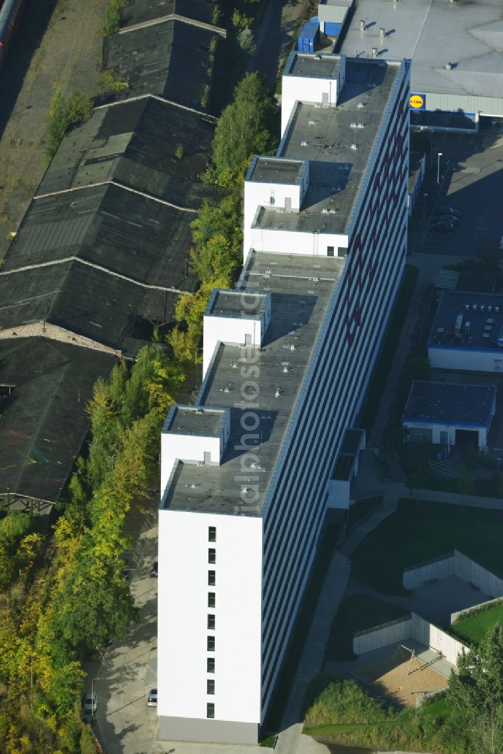 Berlin Lichtenberg from above - Reorganized and modernized DDR block as students and single-residence Q 216 at Lichtenberg station in Berlin