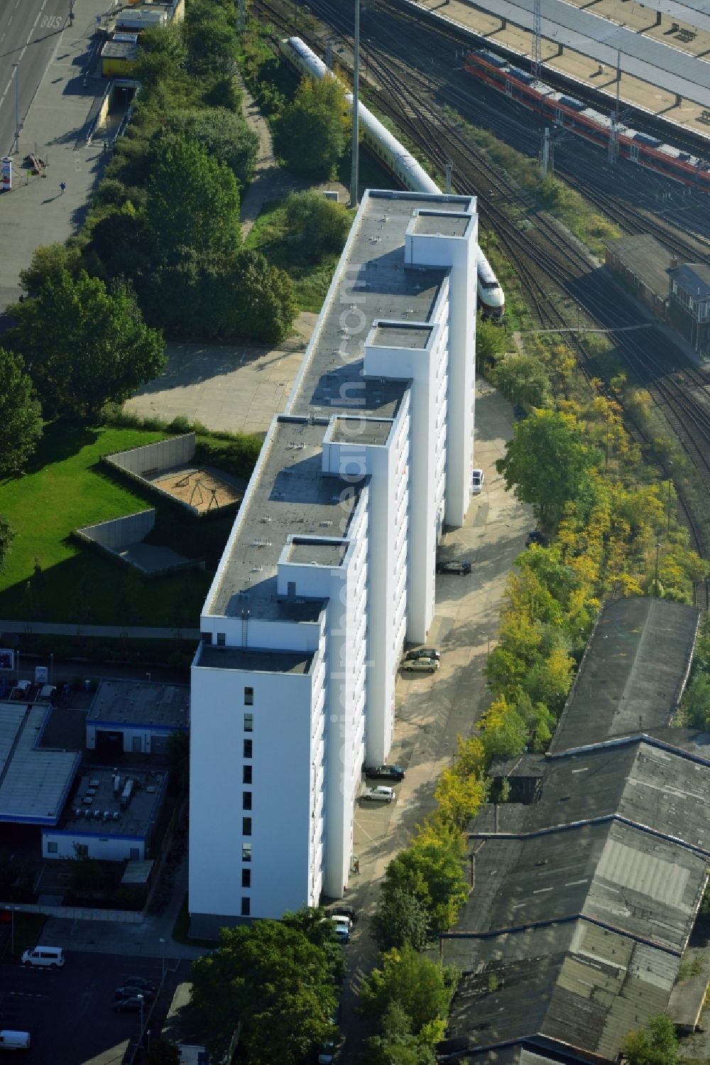 Berlin Lichtenberg from above - Reorganized and modernized DDR block as students and single-residence Q 216 at Lichtenberg station in Berlin