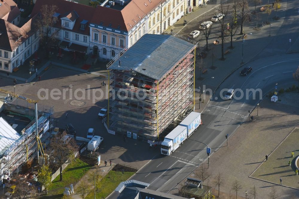 Potsdam from above - Building the visitor center Brandenburger Tor on Luisenplatz in the district Innenstadt in Potsdam in the state Brandenburg, Germany