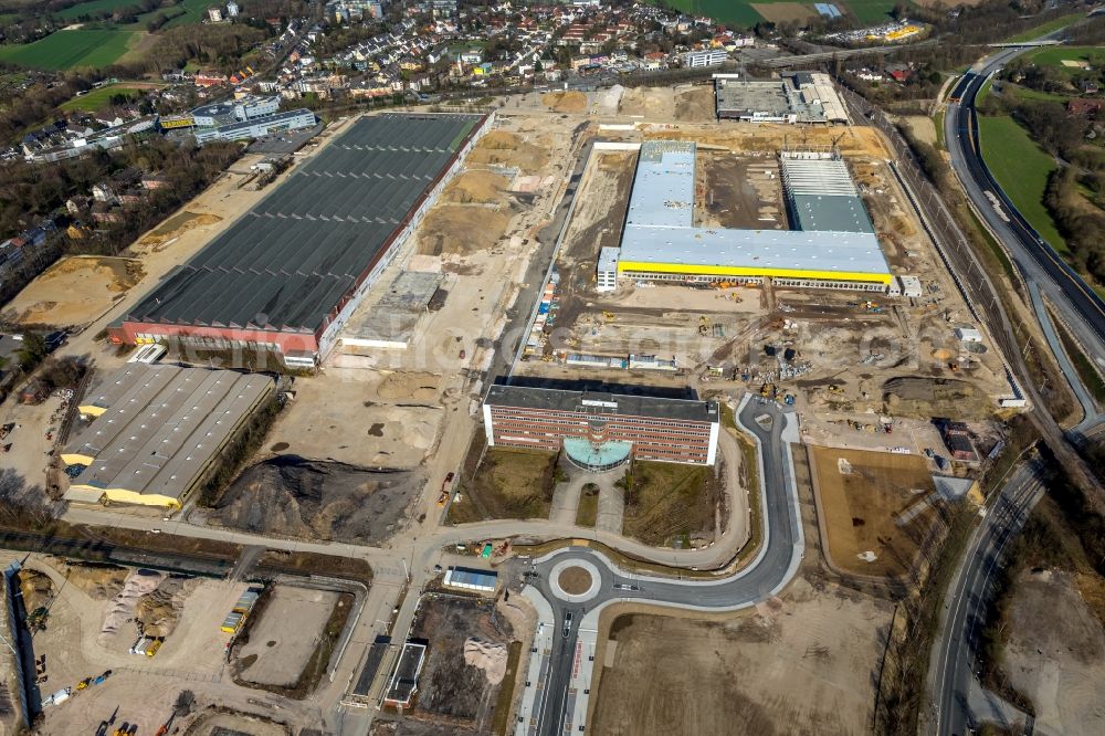 Bochum from the bird's eye view: Construction site to build a new office and commercial building O-Werk on Opelring in Bochum in the state North Rhine-Westphalia, Germany