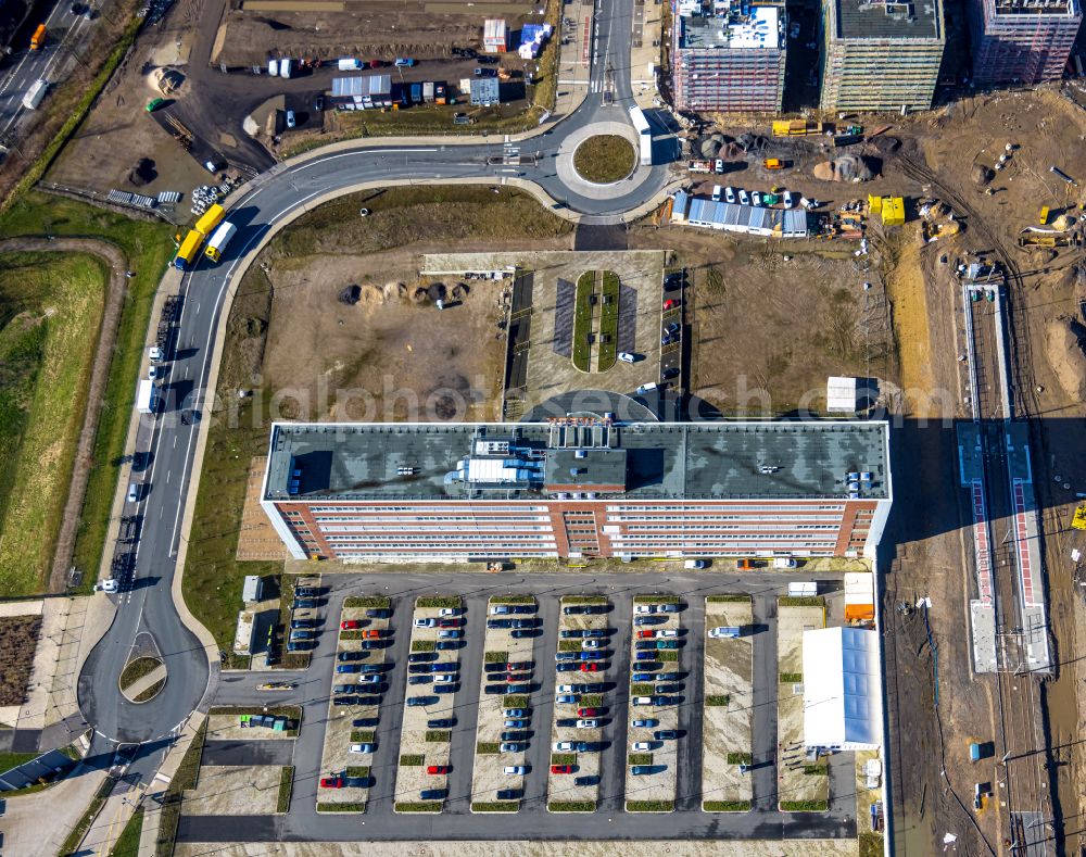 Aerial photograph Bochum - Construction site to build a new office and commercial building O-Werk and construction of the new road on Opelring overlooking the other construction sites in the development area MARK 51A?7 in Bochum at Ruhrgebiet in the state North Rhine-Westphalia, Germany