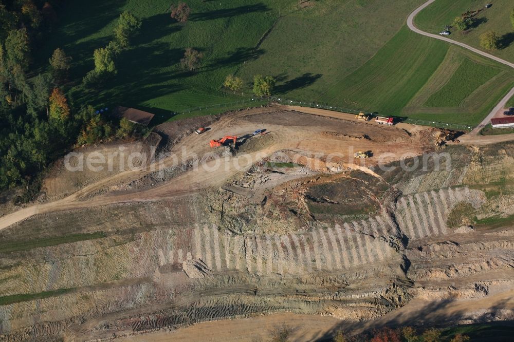 Rheinfelden (Baden) from above - Repair works at the landslide at the construction site with development works and embankments works at the motorway A98 in Rheinfelden (Baden) in the state Baden-Wuerttemberg, Germany