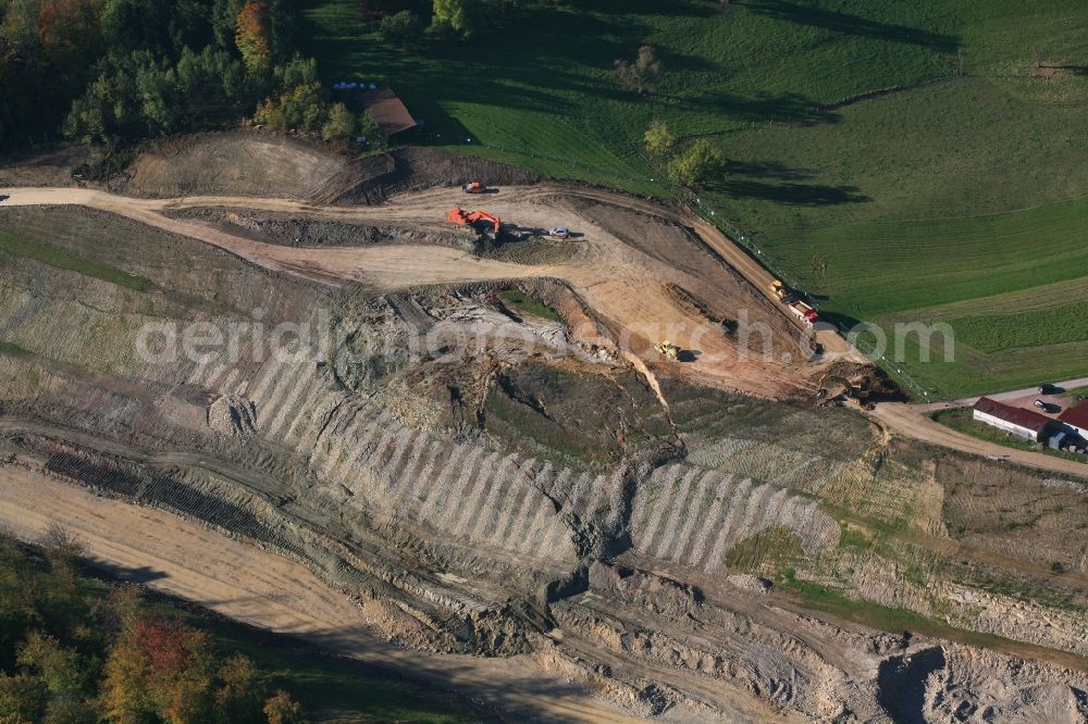 Rheinfelden (Baden) from the bird's eye view: Repair works at the landslide at the construction site with development works and embankments works at the motorway A98 in Rheinfelden (Baden) in the state Baden-Wuerttemberg, Germany