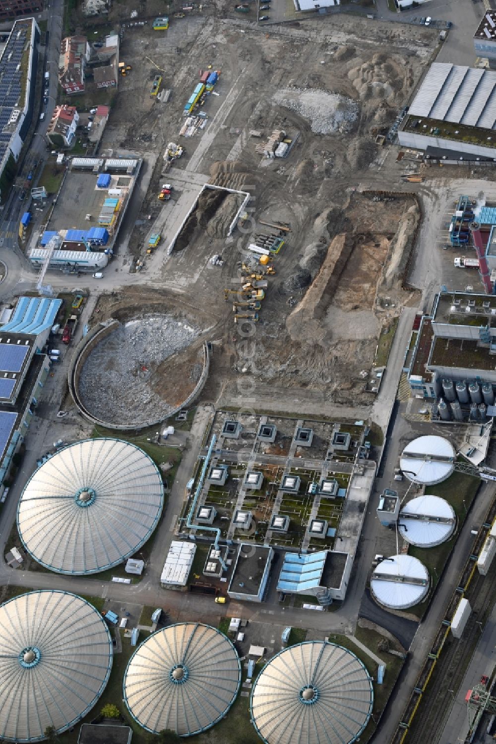 Basel from the bird's eye view: New construction site and extension of the sewage treatment basins and purification stages of the plant of ProRheno in the district Kleinhueningen in Basel, Switzerland