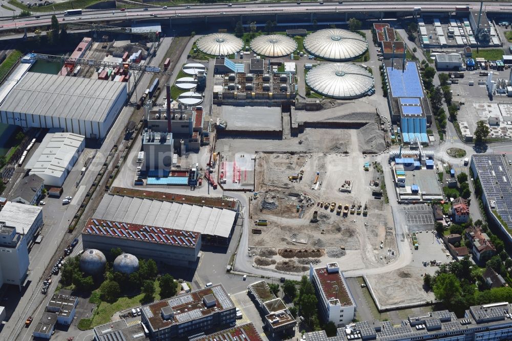 Aerial image Basel - New construction site and extension of the sewage treatment basins and purification stages of the plant of ProRheno in the district Kleinhueningen in Basel, Switzerland