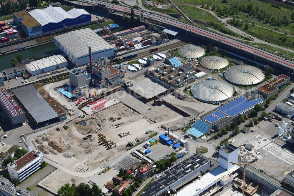 Aerial photograph Basel - New construction site and extension of the sewage treatment basins and purification stages of the plant of ProRheno in the district Kleinhueningen in Basel, Switzerland